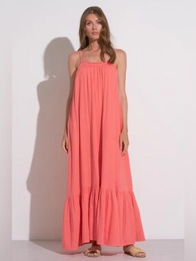 NWT-Elan Coral Pink Maxi Dress with Smocked Neckline- Sz Medium